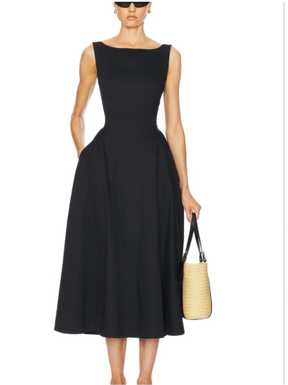 Helsa Stretch Cotton Sateen Midi Dress in Black